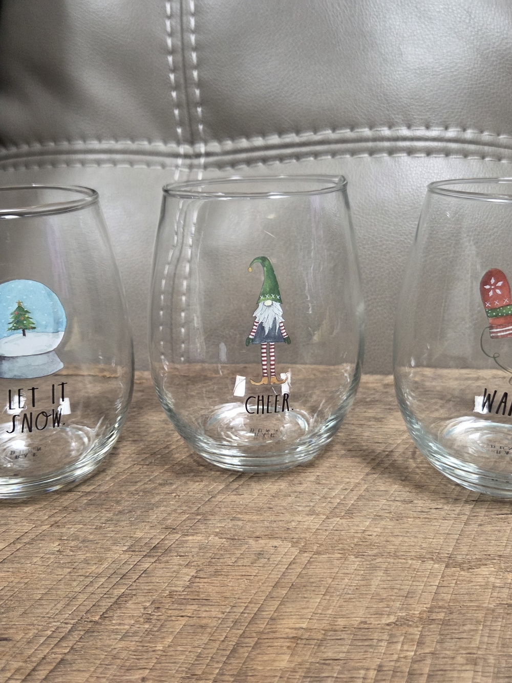 Rae Dunn Christmas Stemless Wine Glasses Set of 3 ~ Holiday Fun ~ Bin 1P